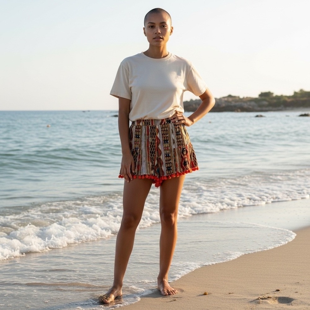 NWT UMGEE USA Boho Aztec Print Pull On Shorts Coral Pom Pom Casual Beach Size M